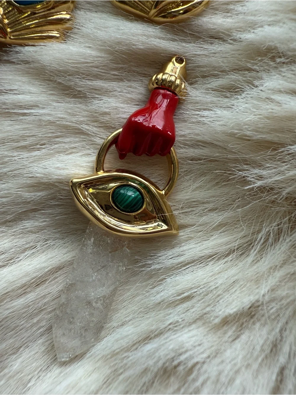 Gold Shell Drop Earrings with Red Hand & Blue and Green Stone Accents